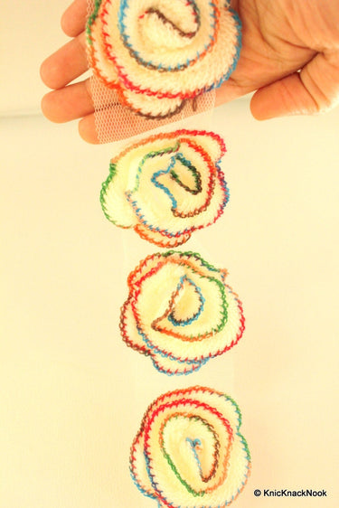 White Crochet Wool Rose With Multicoloured Threads Flower Appliqué x 2